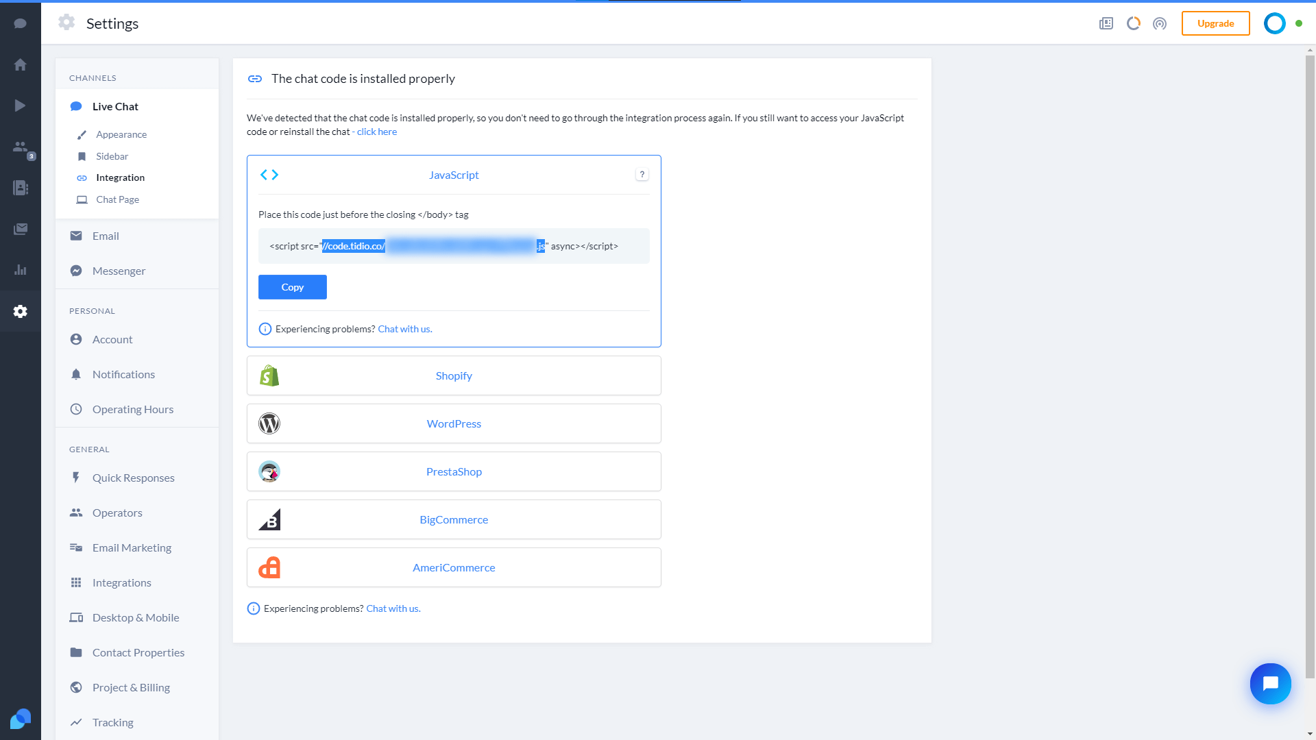 Screenshot of the settings page and the integration url